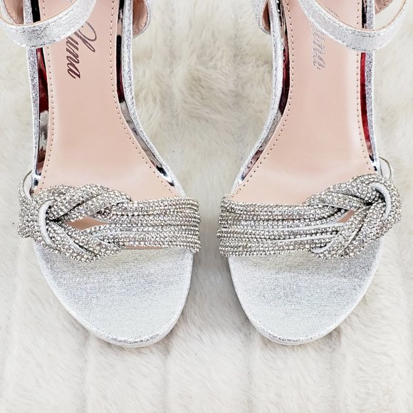 Gorgeous Silver Shimmery Platform Rhinestone High Heel Sandals Shoes - Picture 8 of 13